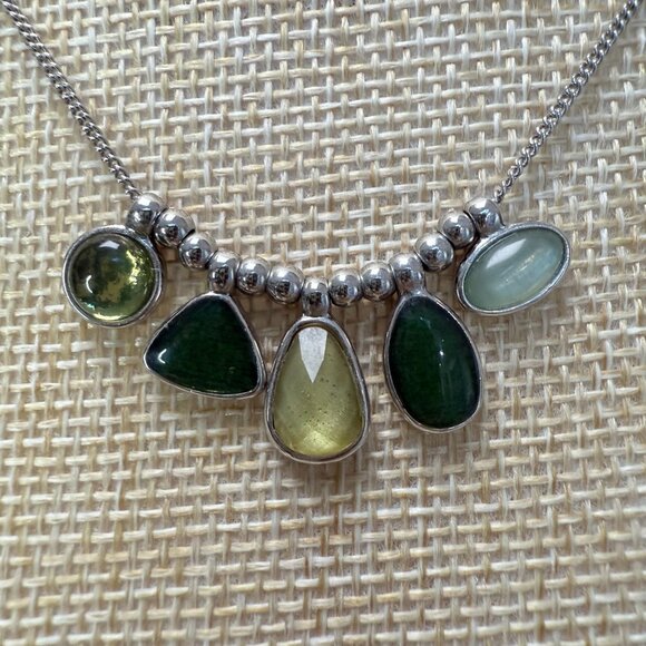 Lia Sophia Silver Tone Necklace W/ Green & Yellow Gemstone Charms Adjustable - Picture 3 of 6
